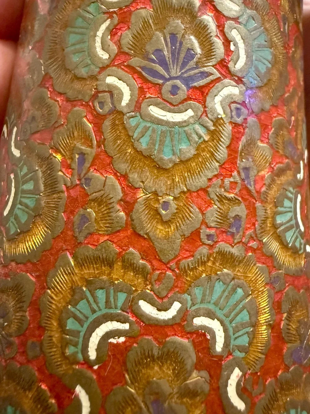 Vintage Chinese Cloisonné Brass Vase 11.5” Red Floral Enamel Asian Decor